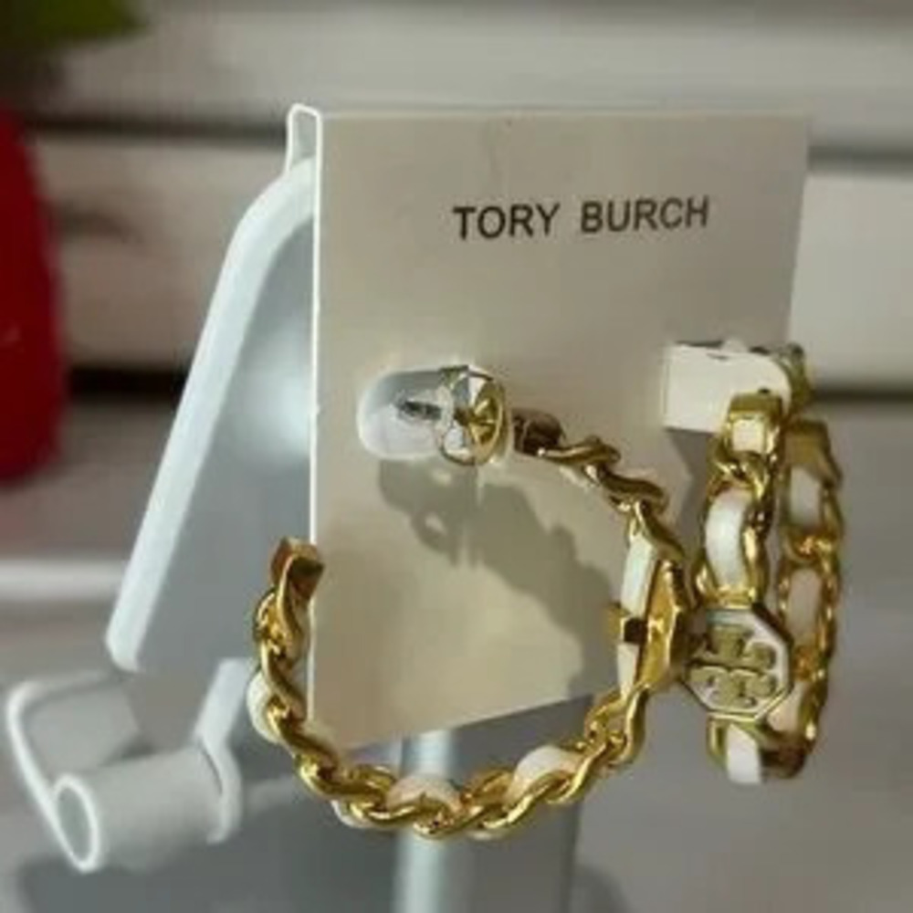 Tory Burch gold and white hoop earrings